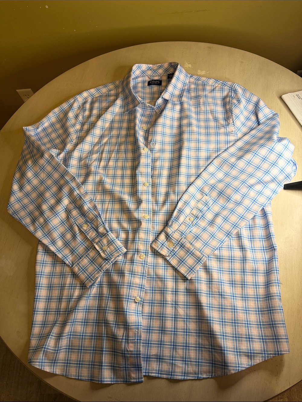 Chaps Men's Light Blue and White Plaid Dress Shirt